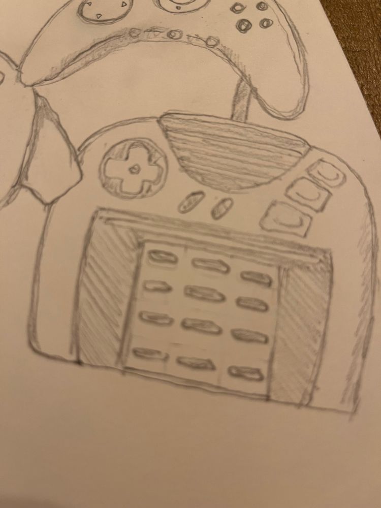 Pencil sketch of a videogame controller. A roundish rectangle with a d-pad on the top left and three face buttons on the right. The bottom of the controller has a 12 button pad (3x4) almost like an old telephone pad, but with slimmer buttons.