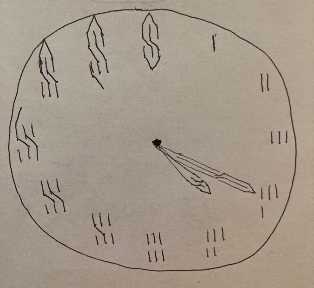 drawing of a clock with ballpoint pen on printer paper - instead of digits each hour adds a dash to make that weird S people wrote everywhere in the 90s. 2 rows of 3 veritcal dashes, 2 diagonal dashes connecting them, then two dash each on top/bottom to give it pointy ends
