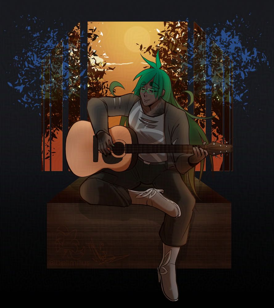 Ariel Risq: Playing the guitar, sitting on an abstracted sitting arrangement, near a window during a setting sun. His eyes are closed and expression is one of peace. there are some trees behind him, and some of it's leaves are going past the window inside the abstract room he is in.. Once a firm believer magic needed to be purely for progress and power. Now a wayward that tries to find happiness in all things. 