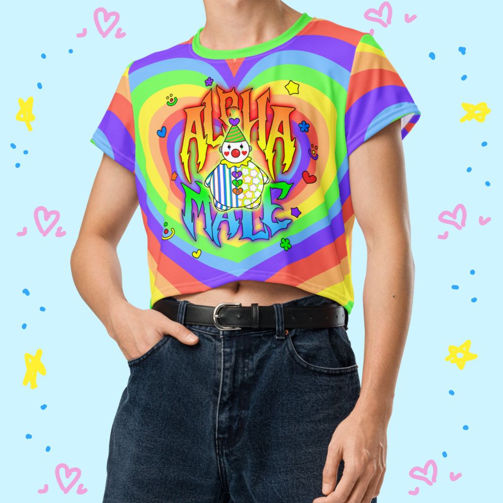 Rainbow clowncore crop top that says "Alpha Male" with a cute clown guy in the middle and little doodles around