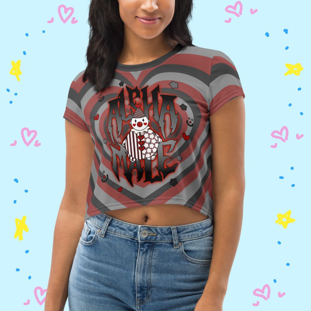 Dark clowncore crop top that says "Alpha Male" with a cute clown guy in the middle and little doodles around