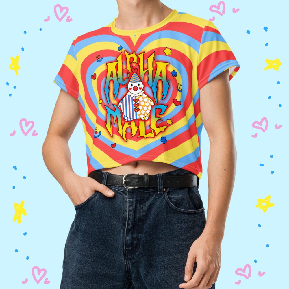 Primary colored clowncore crop top that says "Alpha Male" with a cute clown guy in the middle and little doodles around
