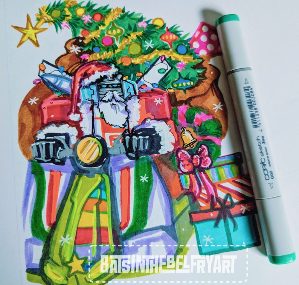 Illustration of transformers Wheeljack, dressed up as Santa Claus, sitting on a scooter with a Santa sack full of gifts and a Christmas tree.