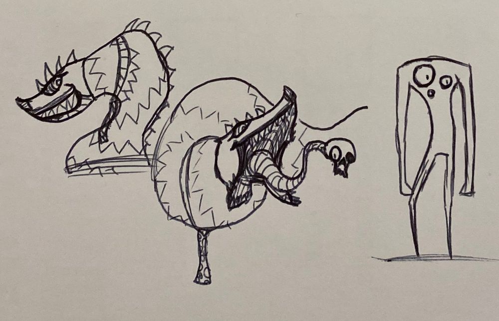 One the left: Two snake-like creatures in ties, the middle snake opening its jaw and showing its tongue with a skull attached to its tip.
On the right: A lanky, broad shouldered three-eyed dude.
