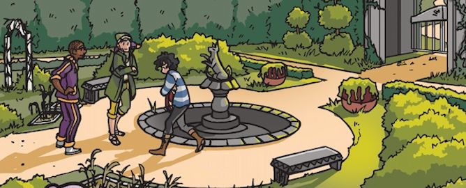 A clip of a comic panel. Three teens are waiting and pacing at the left hand side of the panel in what appears to be a slightly run down garden at golden hour. There's a fancy, empty fountain in the center.