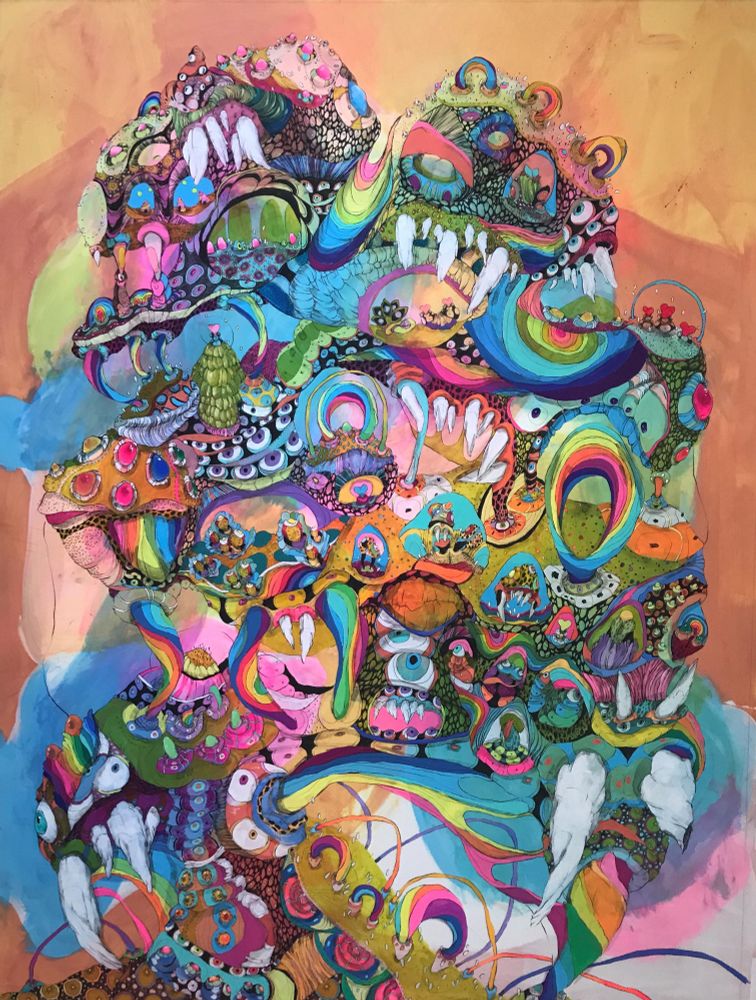 Neon-colored graphic and surreal drawing with an animation-type feel. It is vertically laid out with many fangs and rainbows, eyes, bulbs, and patterns throughout. There are many nooks with smaller scenes and plants within them 