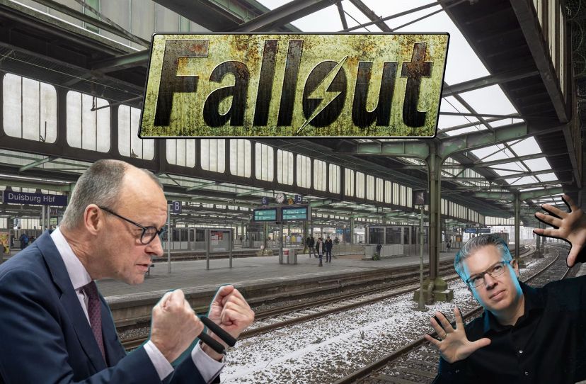Foto des alten Duisburger Hauptbahnhofes, mittig ist das Logo des Endzeit-Spiels Fallout zu sehen, in dem unteren Ecken sieht man einen Fäuste ballenden Friedrich Merz und Frank Thelen, der Pantomime macht 