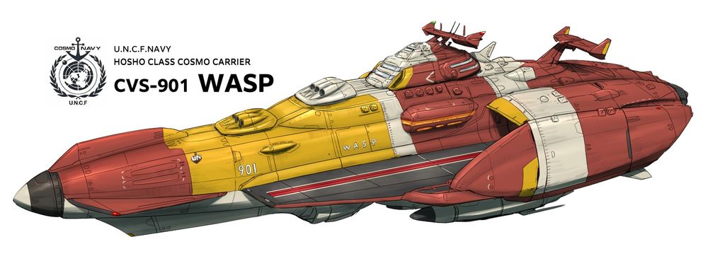 国連宇宙海軍 ホウショウ型宇宙空間機母艦 cvs-901 ワスプ
第二次内惑星戦争初期に開発された、国連宇宙軍の宇宙空母。
空間戦闘機による機動攻撃を得意とする火星軍に対応するため、ムラサメ型宇宙巡洋艦の設計をベースに航空隊の司令部機能や補給能力を充実する艦艇として整備された。
艦載機としては2180年代の最新鋭機コスモパンサーを搭載し、国連艦隊の護衛と遠距離攻撃を担う準主力艦として世界各国の宇宙軍で量産された。
ガミラス戦争初期においても第一線での運用が続けられたものの、地球の航空部隊を我が方に対抗しうる唯一の脅威としていたガミラス軍により最優先目標として集中攻撃を受ける。
そのため2190年代中期にはほぼすべての艦艇が撃沈され、その後も地球の資材不足や設計自体の旧式化を認めざるを得ず、結果的に宇宙空母不在の状況を作り出すに至った。
なお2200年以降の地球連邦防衛軍において本艦の改良型が運用されなかったのは、ヤマトの航空隊運用の実績を鑑みた結果や波動砲艦隊構想における新型戦闘空母の開発を優先させたためとされる。
