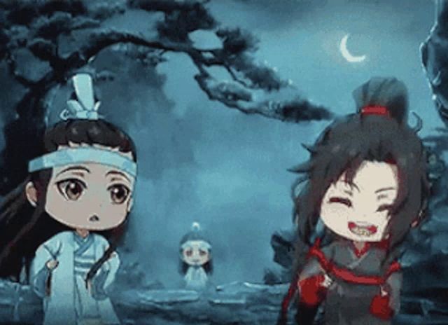 a couple of anime characters are standing next to each other in a forest at night .