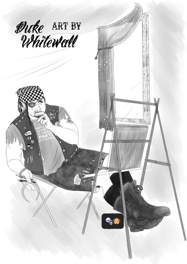 A drawing of a man looking at his artwork on am easel