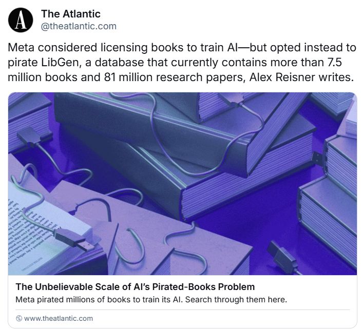 The Atlantic's Bluesky post about Meta using a pirate site to train its AI