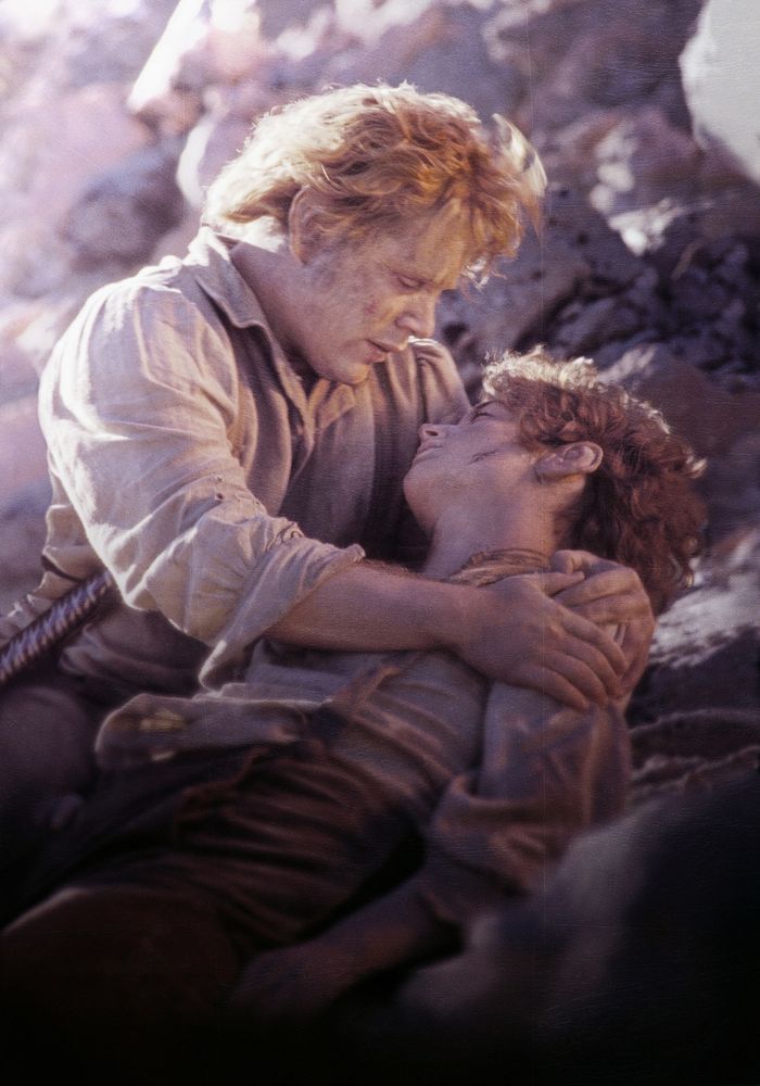 Sam enlace tendrement Frodo qui est allongé dans ses bras, épuisé, près du Mont Destin