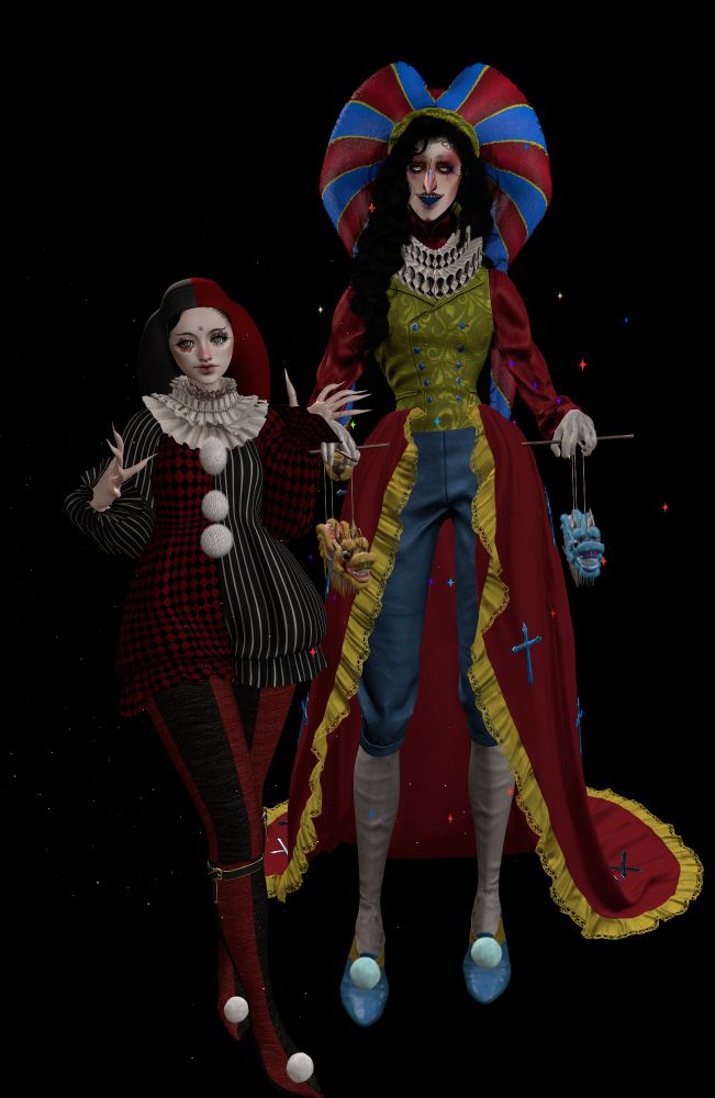 A short female avatar wearing a red, black and white jester costumes, stands with a tall male avatar wearing a jester costume in red, blue, white and yellow.