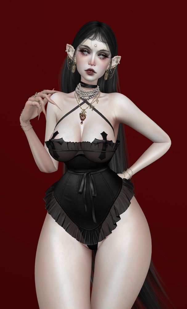 Pale female avatar, gifted in the breast department but not going to knock herself out, wears a black corseted bodysuit with sheer bust and hip covers. Cross pasties cover her nipples, she is elvish in appearance with long straight black hair. She is seen from the head to just above the knees in the picture.