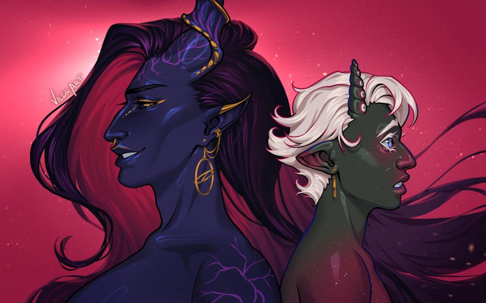 Two tiefling / vampire characters standing back to back