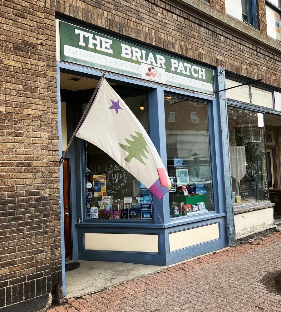 Outside shot of The Briar Patch, a brick building with brick sidewalk and a Maine flag.