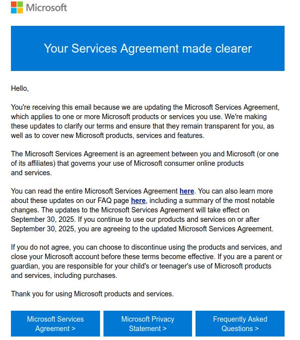 email from Microsoft stating that their TOS have changed