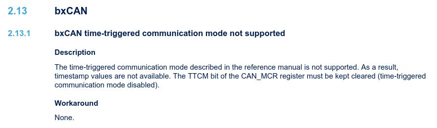 screenshot of an errata sheet:

bxCAN time-triggered communication mode not supported
Description
The time-triggered communication mode described in the reference manual is not supported. As a result,
timestamp values are not available. The TTCM bit of the CAN_MCR register must be kept cleared (time-triggered
communication mode disabled).
Workaround
None