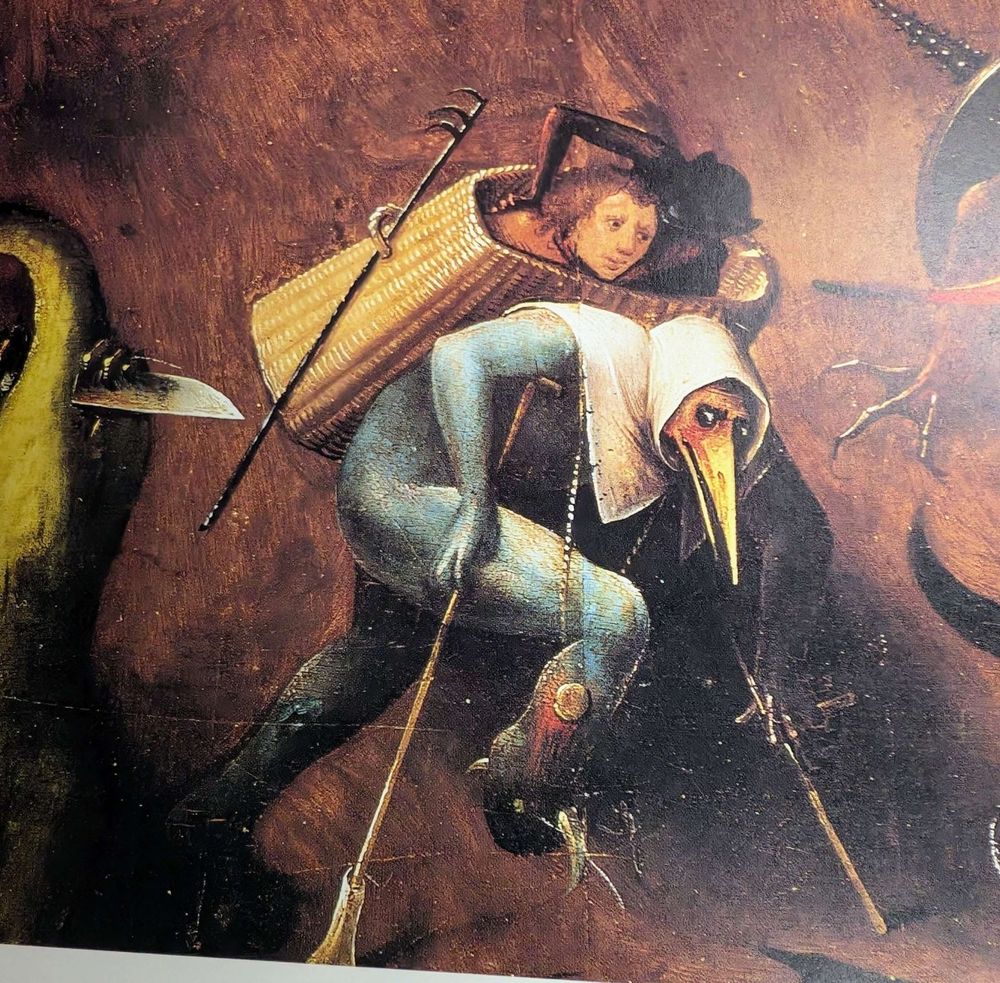 an image from a hieronymus bosch painting--a hooded bird-like being with thick thighs and a basket on their back and a person is in that basket
