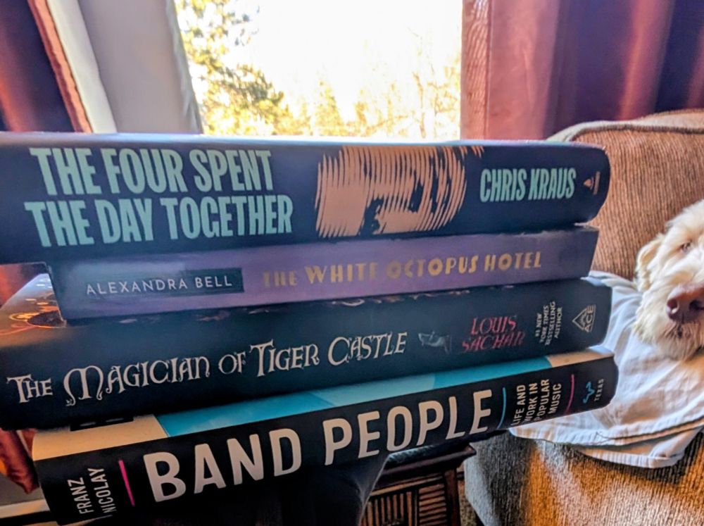 A pile of books: 1) before spent the day together: 2) The white octopus hotel; 3) The magician of tiger Castle; 4) band people