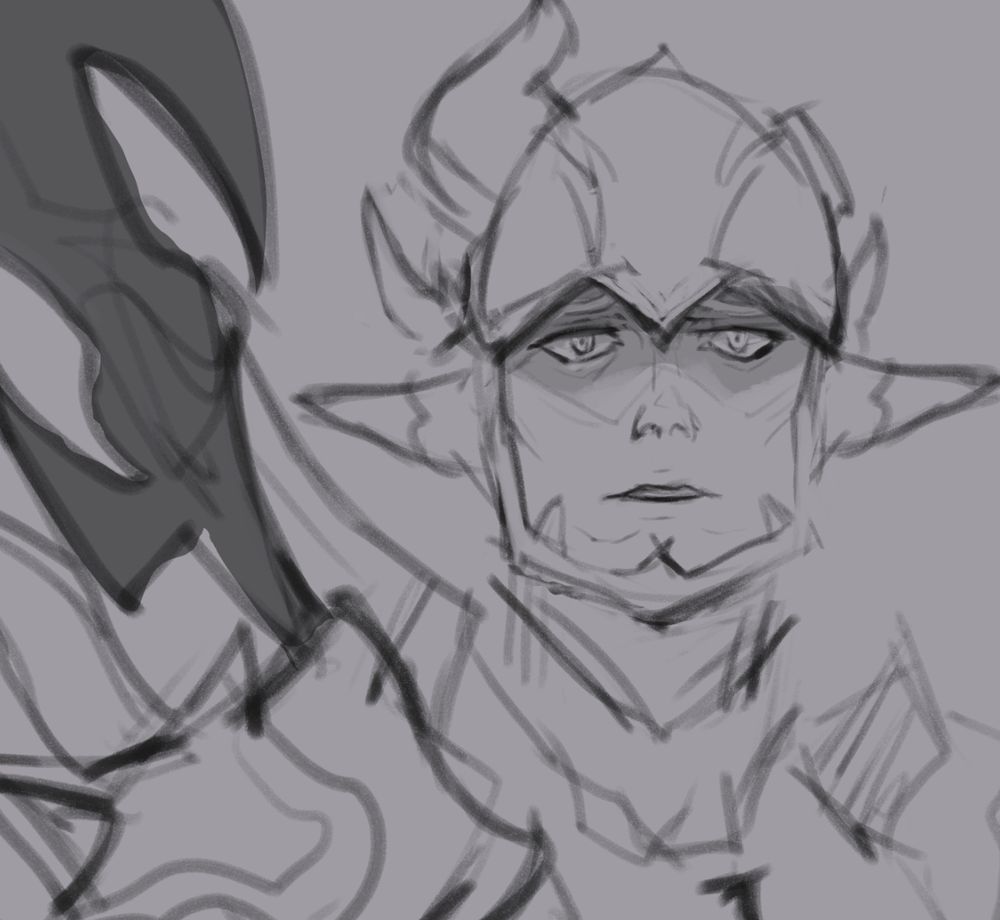 close crop of a sketch of Estinien in his Heavensward drachen armor. he wears an expression of relief