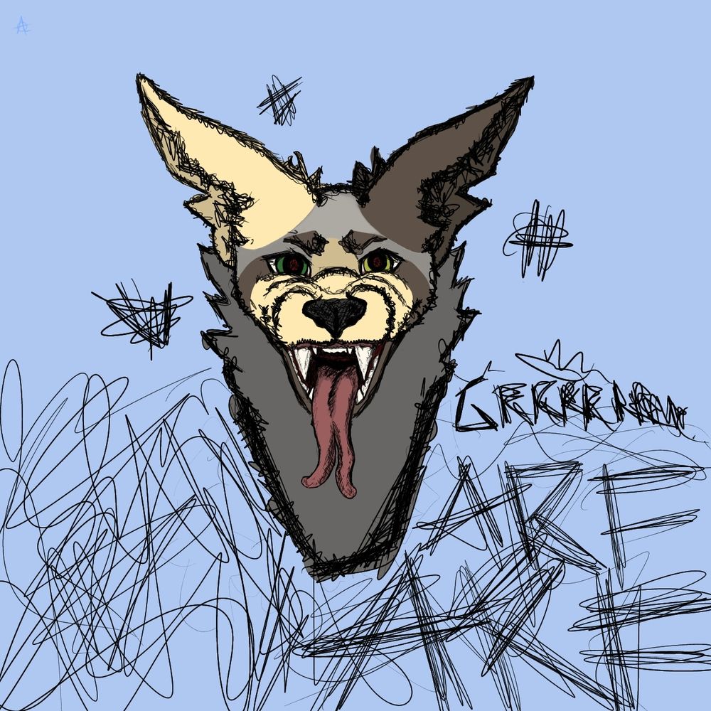 digital bust painting of bleezy, a gray coymutt with straight pointed ears, one blonde and one dark brown. one eye is green and the other yellow, they have a dark brown "mask" marking from the butter corners leading down to his jaw and chin. his muzzle his blonde and eyebrows dark brown. he is snarling with mouth open, showing his teeth and a long, split, tongue hanging out. his outline is made of tight black scribbles. the bust is floating on a sky blue background with more black scribbles surrounding him. "GRRRRR" and "ARF ARF" are roughly added into the scribbles