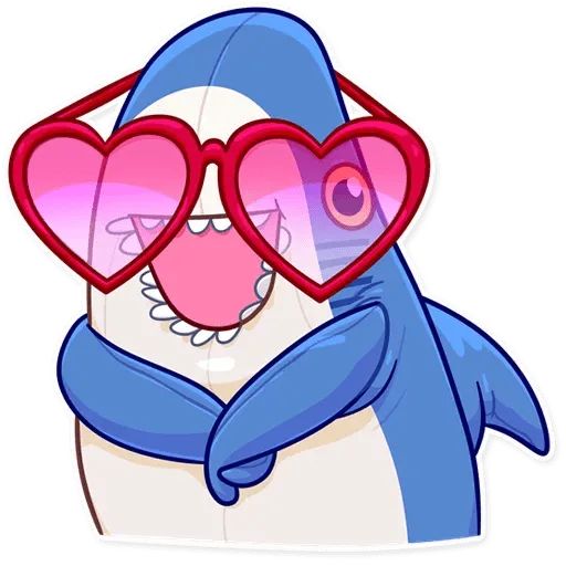 Ein Plüsch-Hai als Comic Figur trägt eine rosa Brille mit Gläsern in Herzform. Es hat die Flossen nach vorne verschränkt und schaut sehr entzückt.