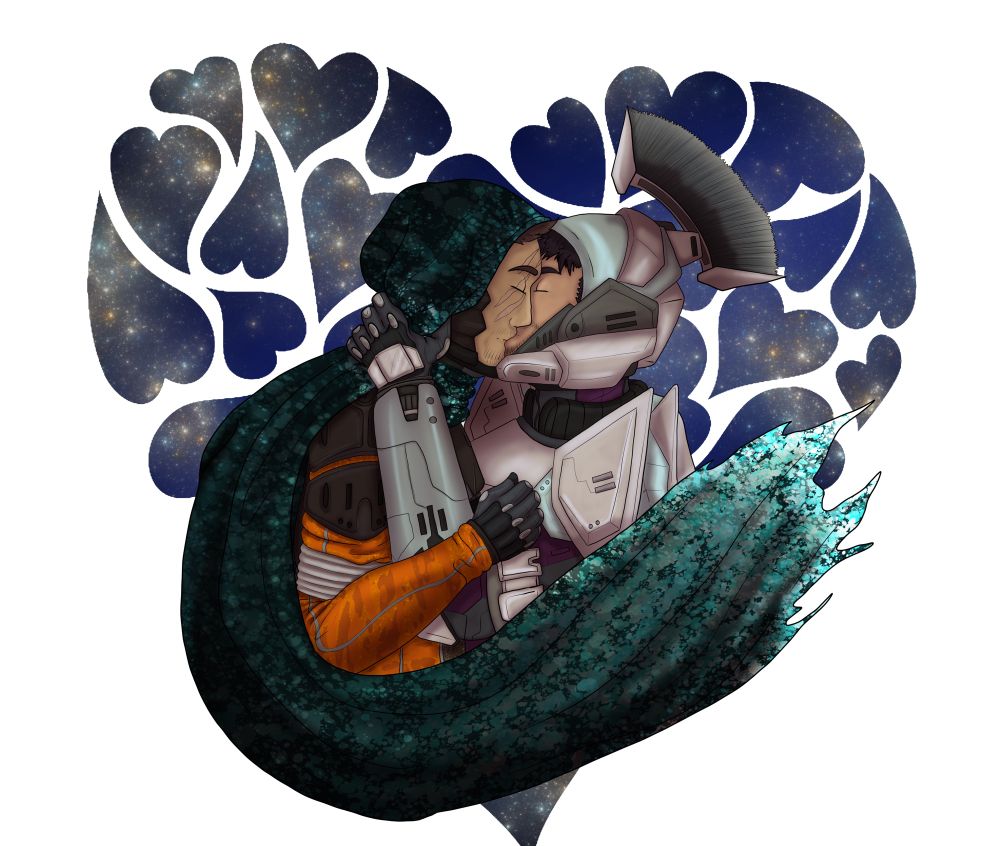 Two Guardians (Destiny) doing a smooch. Left is a hunter with his cloaking swooping up and around the both of them. His hand rests on the titan’s chest-plate. The titan has his helmet visor open in order to kiss with his hand gently pulling back the hunter’s hood. Galaxy hearts abound behind them.
