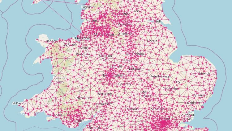 A map of part of the Slow Ways network, covering Wales and the middle of England. We can see all towns and cities connected by straight lines, revealing the structure of the walking network.