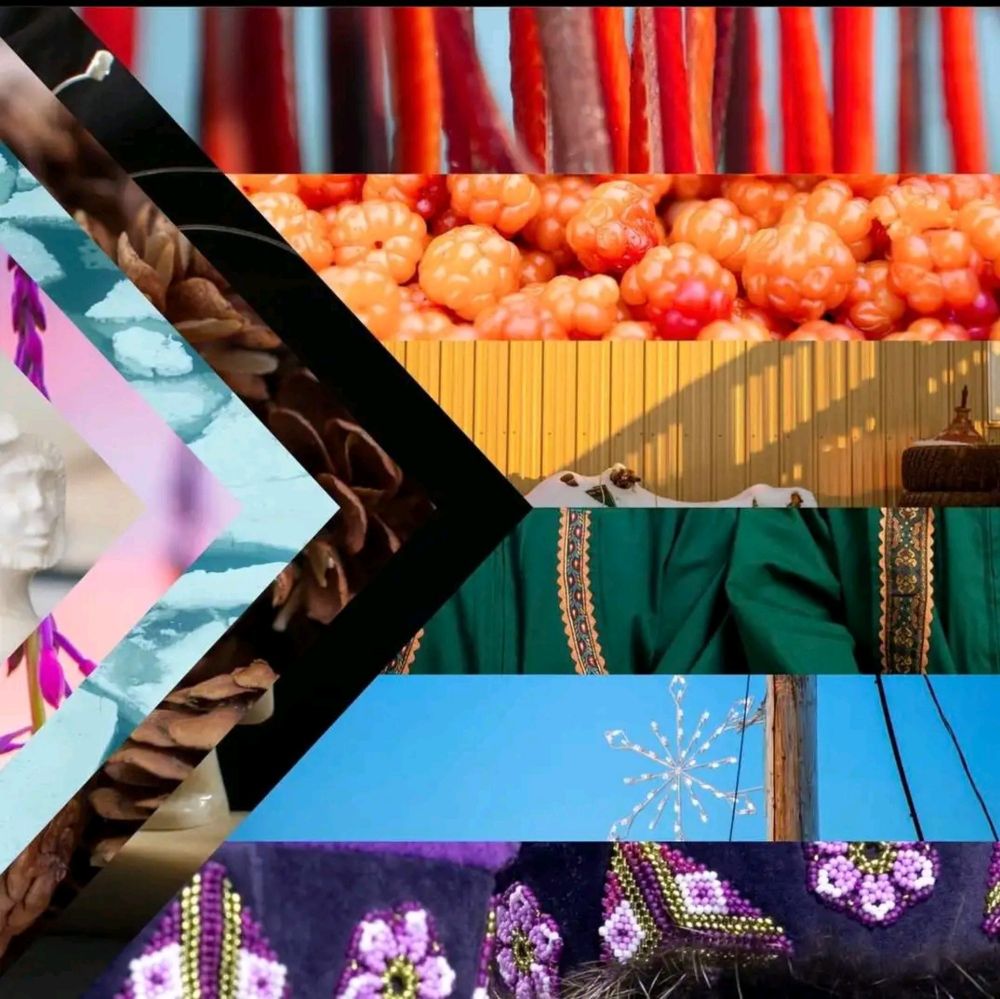 Pride flag with Alaska Native images. Red is red salmon drying. Orange is aqpiks. Yellow is a building. Green is atiqluks. Purple is beaded flowers on purple felt. White is a bone or ivory carving of a person. Pink is fireweed. Turquoise is ice breakup on water. Brown is mushrooms. Black is an ivory carving on a black background