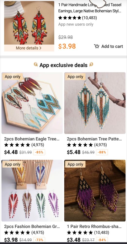 Beaded earrings for sale from Temu. Designs are Native Inspired, not Native made. All earrings are about $4-6 each