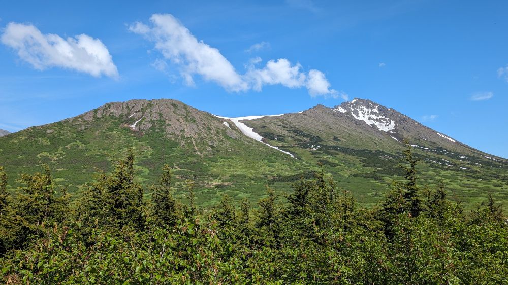 A snow covered mountain ridge rises above evergreen trees. Wispy clouds seem to almost follow the ridgeline