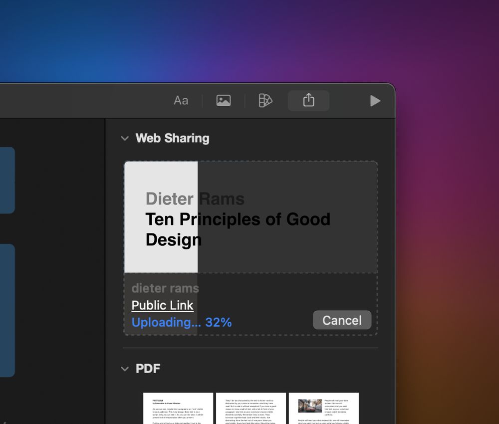 iA Presenter's Web Sharing pane showing the one-click upload in progress.
