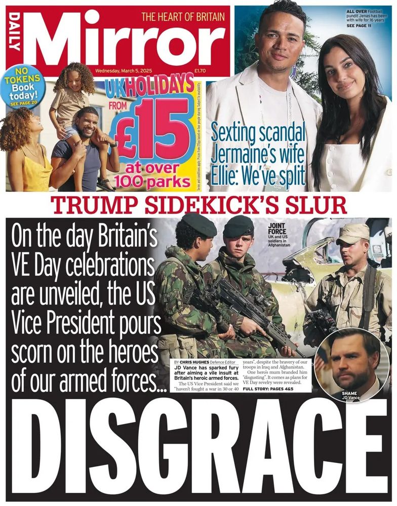 Daily MIrror front page headline - JD Vance is a DIsgrace