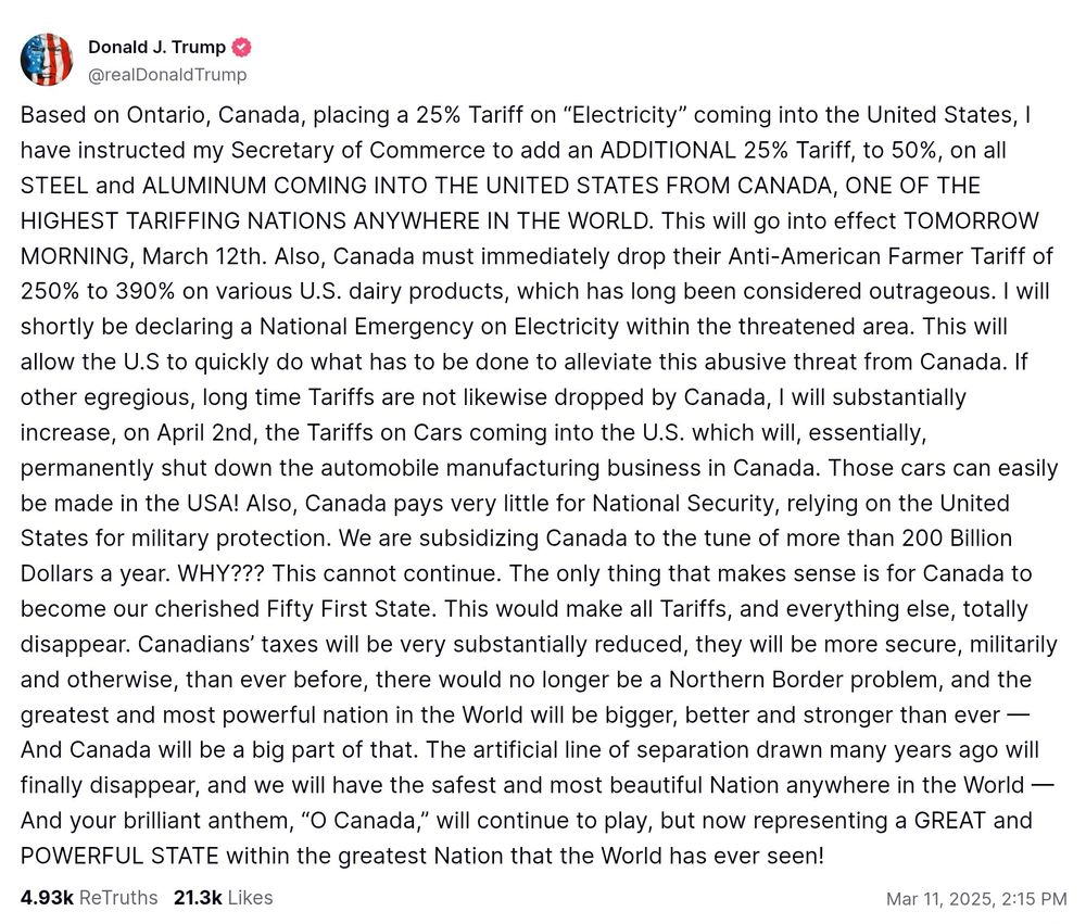 Incoherent rant aimed at Canada by Donald Trump because his tariffs are backfiring against Canada. Trump has raised Canada's Aluminium and Steel tariffs to 50%.