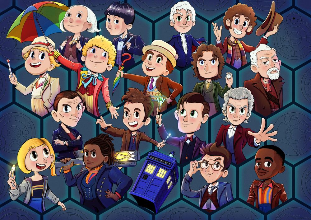Ilustração digital colorida e cartum de Doctor Who, com todos os 15 doutores mais Doutor da Guerra e Doutora Fugitiva, com uma TARDIS presente.