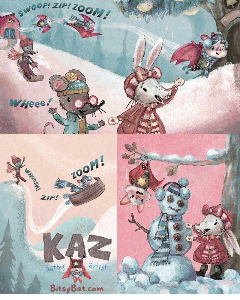 Three illustrations of winter scenes from BITSY BAT, SNOW STAR. Top image shows a little bat with light fur wearing a star sweater and winter hat and scarf flying over a snowy ground to a school that is also a tree. A mole, mouse, and bunny friend are sledding and stomping through the snow. Bottom left panel shows the mole pushing Bitsy on a sled and she flies through the air with the words "Whoosh! Zip! Zoom!" The third image shows Bitsy giving away her earmuffs, hat and scarf to a snowman while the rabbit looks concerned. 