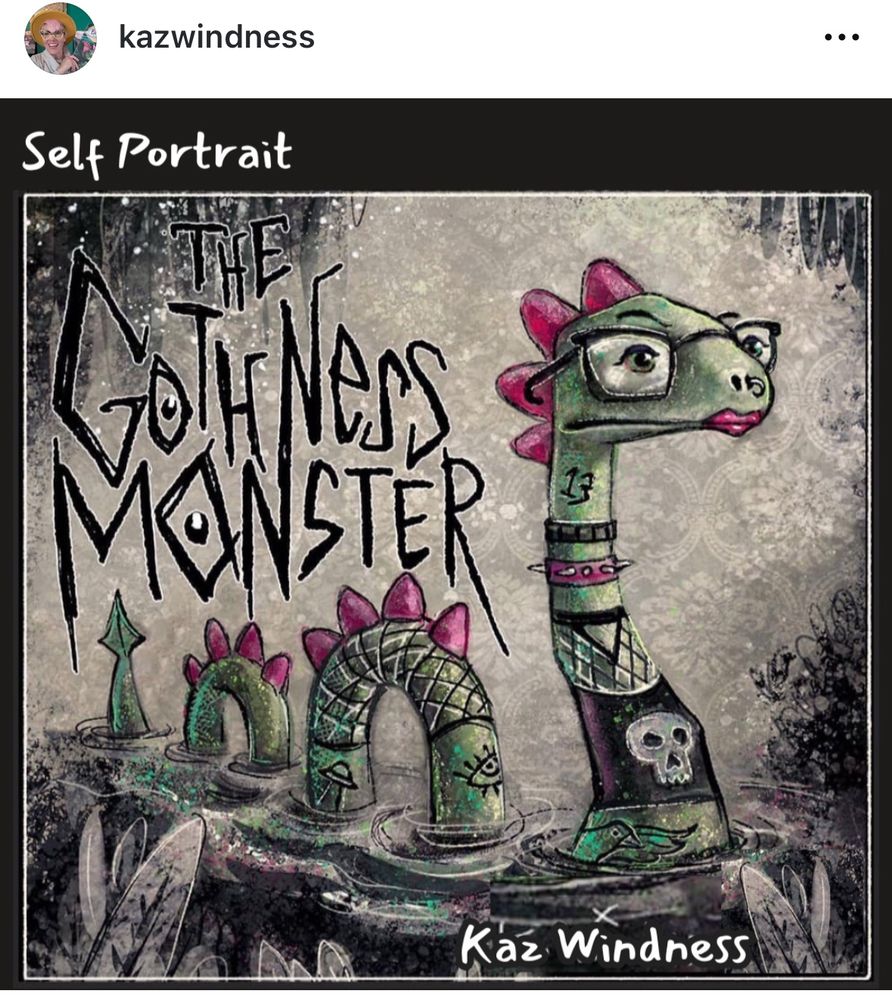 A drawing of the Goth ness monster— a green sea serpent, covered in tattoos, wearing a nose ring, black eyeglasses, a skull T-shirt, and fishnet over its tail. 