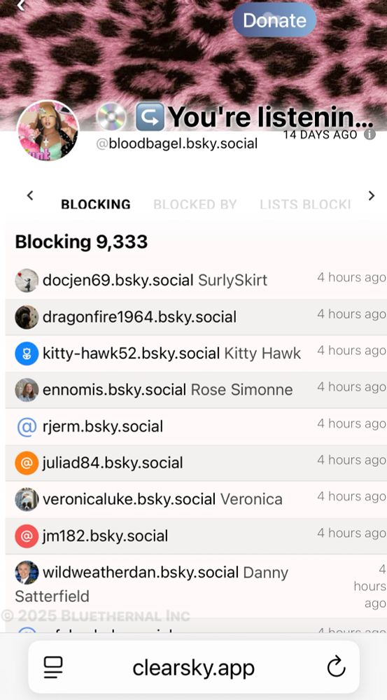 Screenshot showing a user account 14 days old blocking over 9000 other users. 