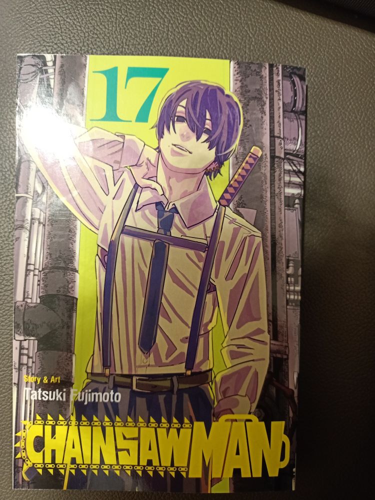 A manga volume of Chainsaw Man. The character in the image is a young adult dressed in a white long sleeved top and black pants, being Yoshida. He is staring at forward at the reader with a hand tilting his neck. The volume number is 17