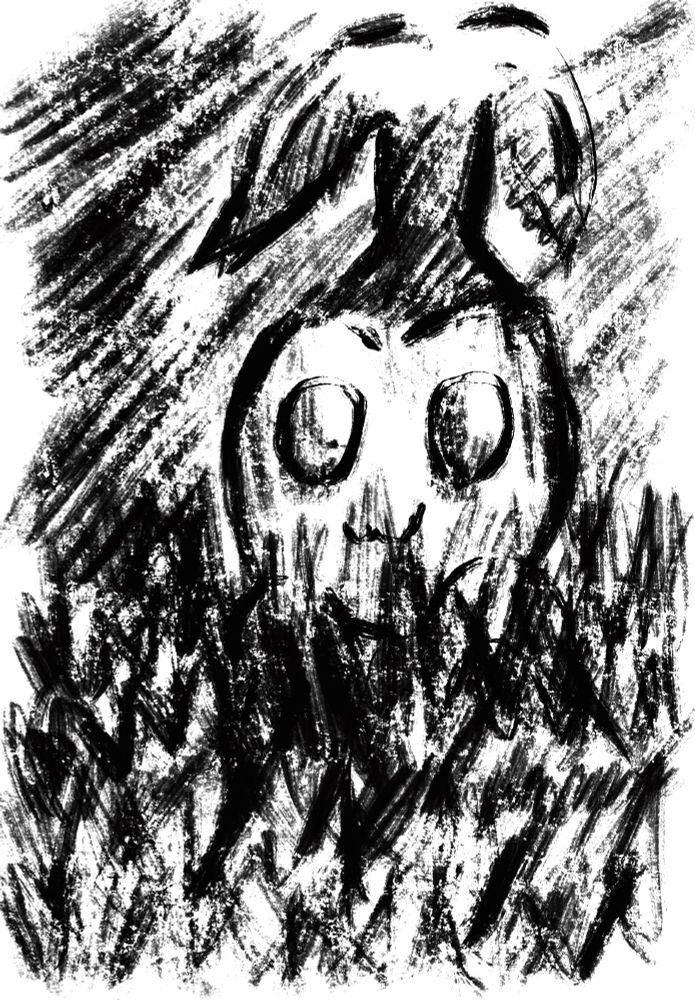 A black and white digital painting of the Digimon known as Tanemon. Tanemon resembles a vegetable shaped plant creature with an uwu smile and large friendly eyes. It is currently partially hiding in a field of grass since it is roughly 1-2ft in height.