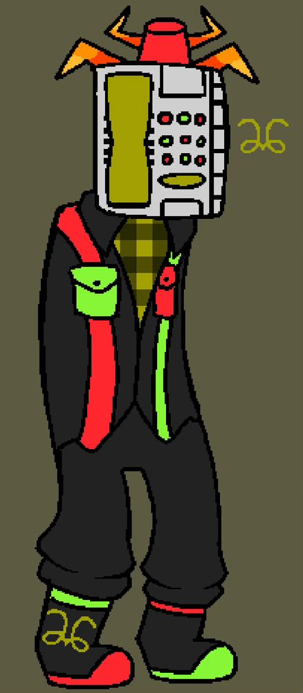 Oliver from dialtown but he’s dressed like an electrician and also a homestuck troll w murky yellow and bright red/green accents