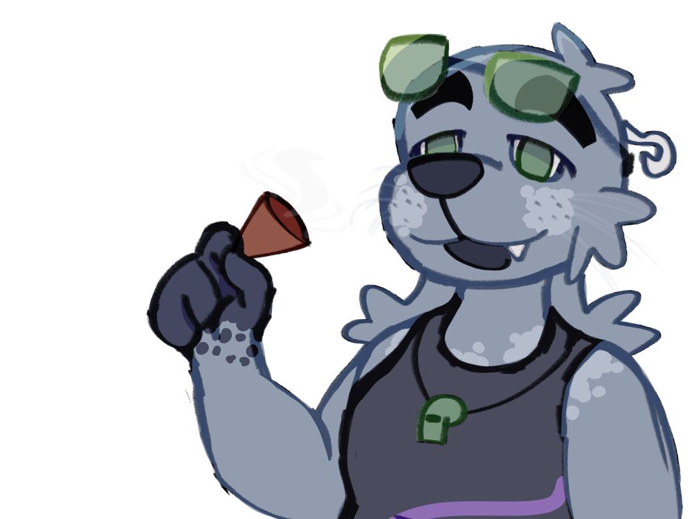A waist up drawing of a pale blue seal wearing a darker blue swim piece with a whistle lain over it, green sunglasses, and a hook latched onto where a humans ear would be. He’s also holding what was meant to be a blunt, but this is kinda old so it doesn’t look the best.
