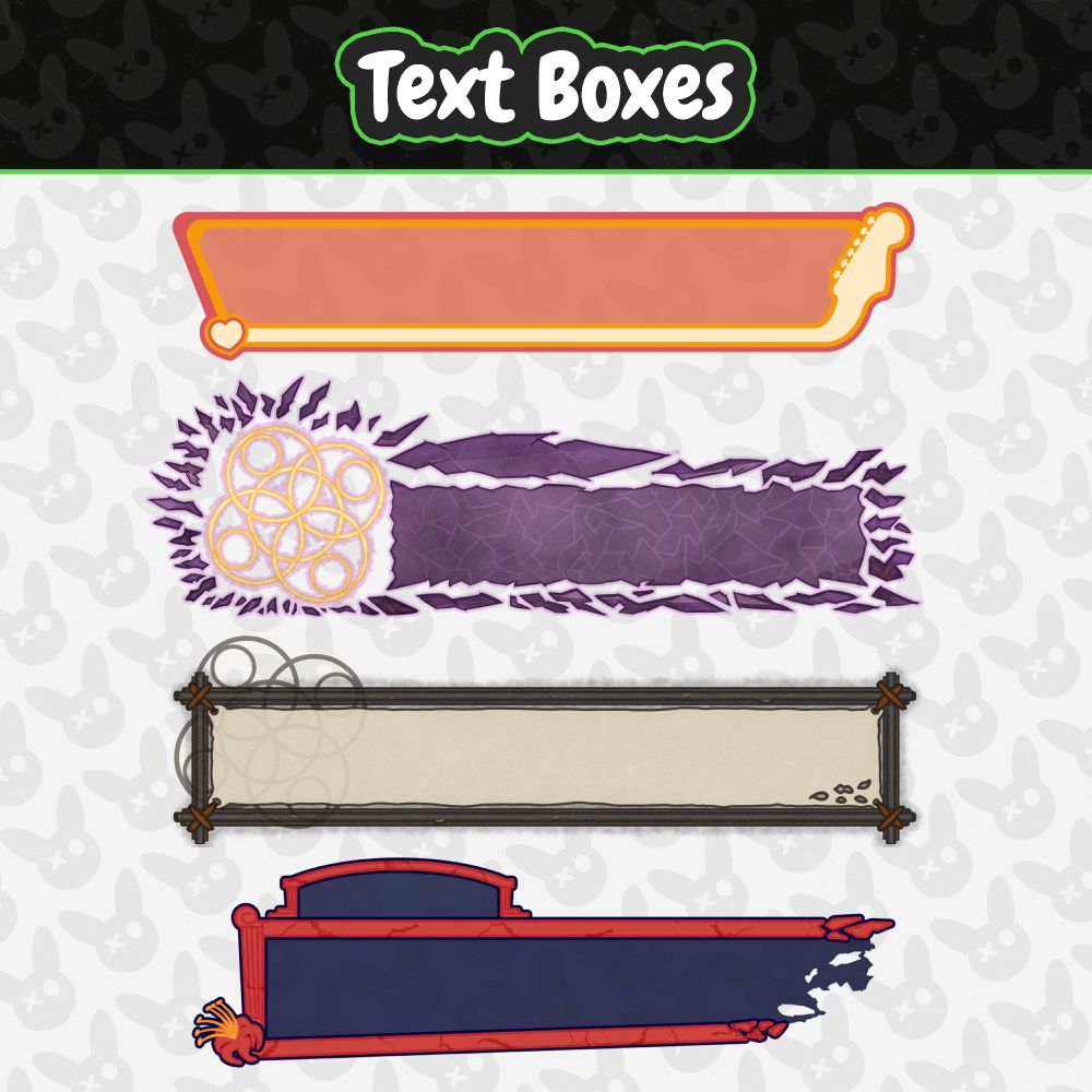 A picture showing various text boxes I have worked on for visual novels. The first one is for the novel Chord Progressions, the second and third for NeveN and the last one for Before You Depart.