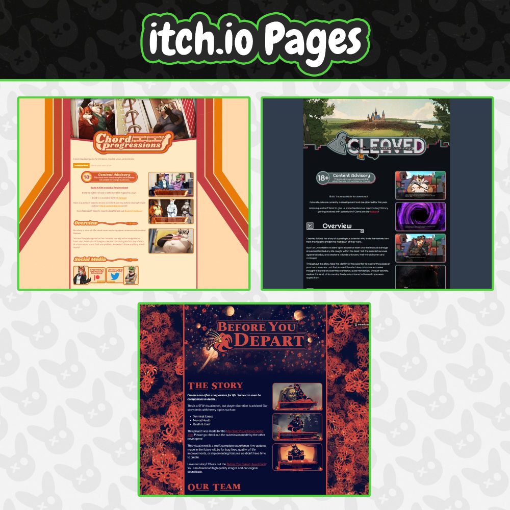 A picture showing some of the itch.io pages I have designed. It includes: Chord Progressions, Cleaved and Before You Depart.
