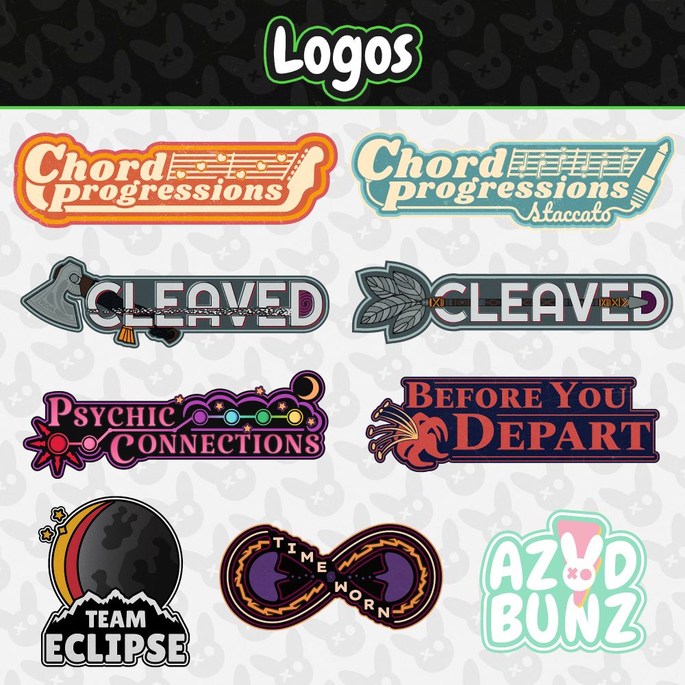 A picture showing different logos I have made for visual novels and other things. It includes logos for Chord Progressions, Cleaved, Psychic Connections, Before You Depart, Team Eclipse, Time Worn and Azid Bunz.