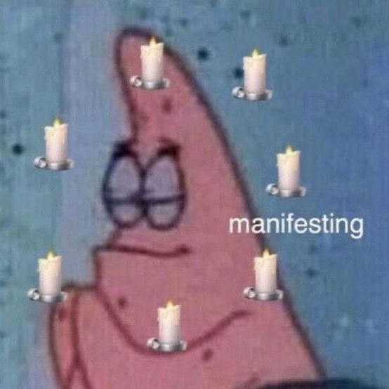 Patrick Starfish praying inside a circle of candle emojis with the word "manifesting"
