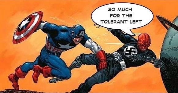 Captain American punching the absolute shit out of Red Skull, who is wearing a nazi symbol on his chest. Red Skull is flying backwards and crumbling. Red Skull speech bubble says "So much for the tolerant left."