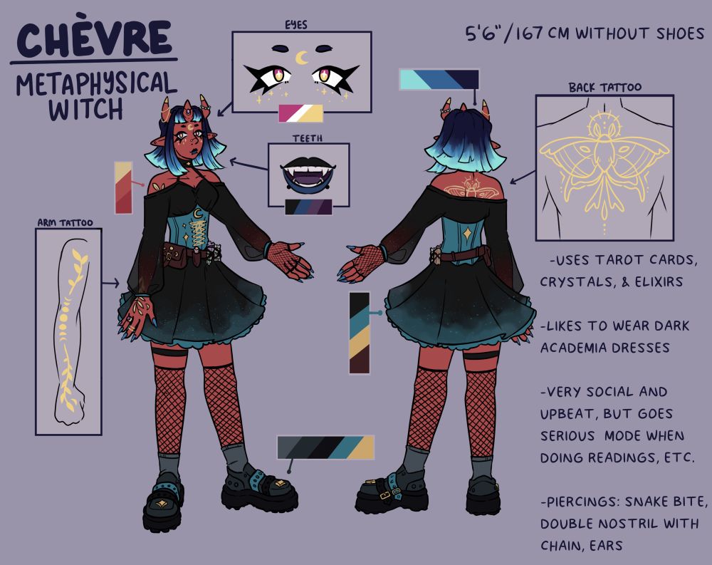 ref sheet of my character Chèvre. they’re a red oni with three horns and blue hair, wearing a puffy black dress with a blue corset overtop and fishnets.