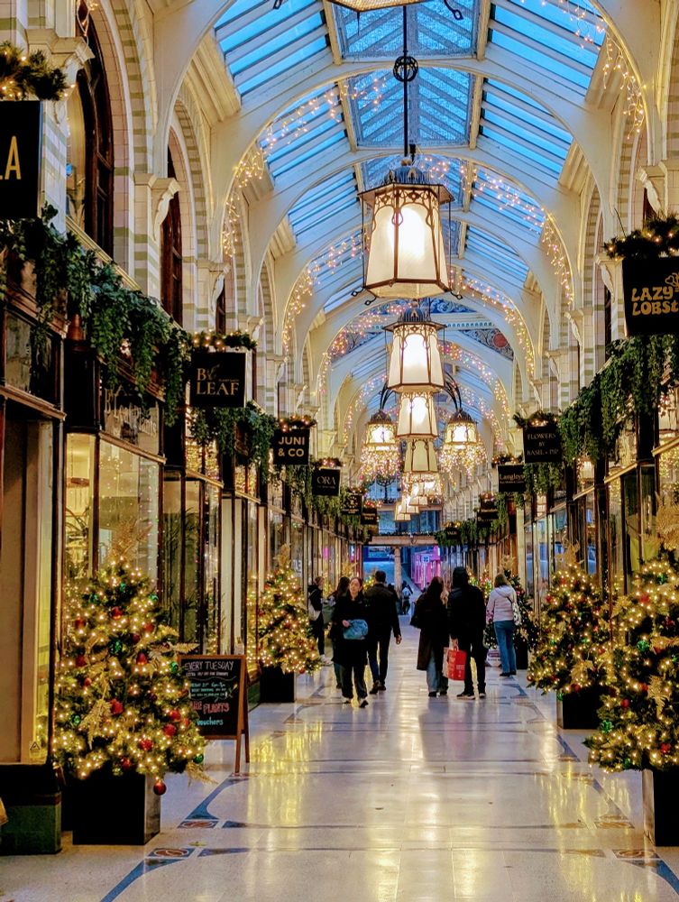 The royal arcade in Norwich, Norfolk. Decked out in Xmas decorations 